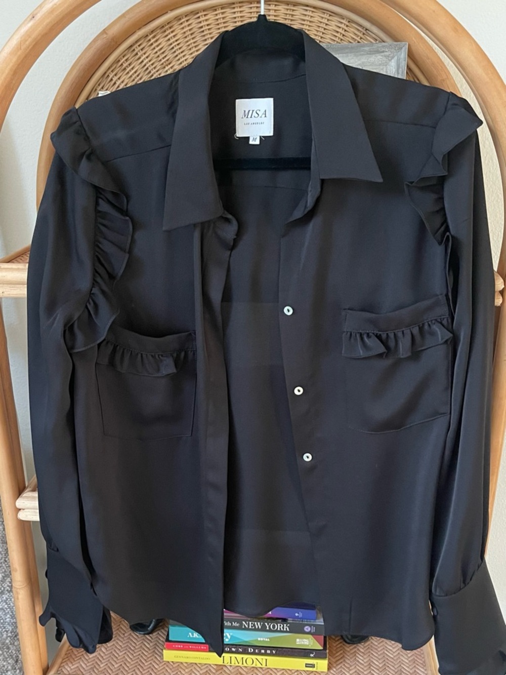 MISA Los Angeles Black Ruffle-Trim Button-Up Blouse